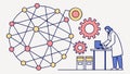 Data Analysis: Person Interacting with Gears and Network Nodes, vector design Generative AI Royalty Free Stock Photo