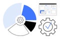 Data Analysis Pie Chart, Gear with Checkmark, and User Interface for Workflow Optimization Royalty Free Stock Photo