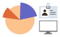 Data Analysis with Pie Chart, Identification Badge, and Computer in Simple Graphic Style Royalty Free Stock Photo
