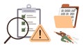 Data Analysis and Problem Solving with Checklists, Magnifier, Alert Symbol, File Folder, and Rocket-Powered Progress Royalty Free Stock Photo