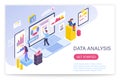 Data analysis process, big data concept 3d isometric vector illustration. People interacting with virtual screen charts Royalty Free Stock Photo