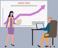 Woman makes presentation of results of statistical research to man. Colleagues work with laptops Royalty Free Stock Photo