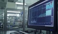 Data analysis screen in laboratory environment, displaying graphs and statistics. Modern lab equipment visible in Royalty Free Stock Photo