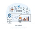 Data analysis, secure database business data protection technology and cloud network security concept. Personal data, internet