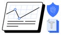 Data Analysis and Security Concept with Line Chart, Shield, and Documents Highlighting Information Usage Royalty Free Stock Photo