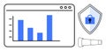 Data Analysis, Security, and Vision Concept with Bar Graph, Shield Lock, and Telescope Royalty Free Stock Photo