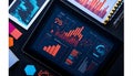 digital tablet displaying colorful business analytics charts and graphs surrounded by office supplies on black surface Royalty Free Stock Photo