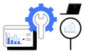 Data Analysis and Digital Solutions Concept with Charts, Laptop, and Gear Icon Royalty Free Stock Photo