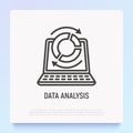 Data analysis thin line icon: opened laptop and diagram with arrows. Modern vector illustration Royalty Free Stock Photo