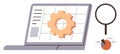 Data Analysis Visualization with Gear Icon and Magnifying Glass on Laptop Screen Royalty Free Stock Photo