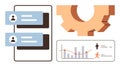Data Analysis and Workflow Management with Chat Interface, Gear Mechanism, and Progress Analytics Chart Royalty Free Stock Photo