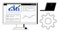 Data analysis and workflow optimization represented by charts, graphs, laptop, and gear settings icon Royalty Free Stock Photo