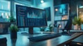 Data analysis workspace with computer and graphs Royalty Free Stock Photo