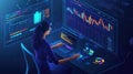 Data analysis workspace with multiple screens, graphs, and charts Royalty Free Stock Photo