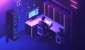 Data analysis workstation with server racks, computer monitor, and programmer working in a futuristic environment