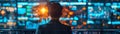 Data analyst engineer monitoring screen system software technology control center