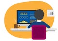 A data analyst sits at work in front of a computer device showing statistics and graphs in front of him. Flat style cartoon Royalty Free Stock Photo