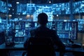 Data analysis event cybersecurity control room high-tech environment monitor view digital surveillance impact