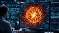 Futuristic Network Data Analyst at Monitors with glowing Orb AI generated. Royalty Free Stock Photo