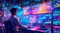 A data analyst working late in a modern office, surrounded by multiple monitors displaying colorful financial and statistical