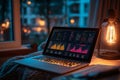 A data analyst works in a cozy evening workspace, illuminated by warm light. The laptop displays vibrant dashboards Royalty Free Stock Photo