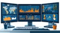 Data analyst workspace with multiple monitors displaying colorful dashboards and analytics. setup includes graphs, charts, and Royalty Free Stock Photo