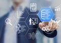 Data analytics, big data and AI concept. Person touching icons about database, data engineering, computing, analyzing, machine