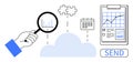 Data Analysis and Cloud Connectivity Symbols with Magnifying Glass and Business Graphs Royalty Free Stock Photo