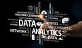 Data Analytics Concept with Cloud Computing, Machine Learning, Internet of Things, and Big Data Terms Illustrated on a Royalty Free Stock Photo