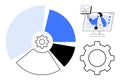 Data analytics and process visualization with pie chart, gear icon, and video conference communication Royalty Free Stock Photo