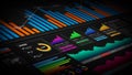 Data analytics dashboard displaying bar charts, line graphs background. Ideal for visualizing business metrics and performance