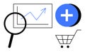 Data Analytics and Ecommerce Elements with Growth Graph, Magnifying Glass, Add Icon, and Shopping Cart Royalty Free Stock Photo