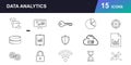 Data Analytics Icon Pack. Featuring bar chart, line graph, pie chart, database, cloud, binary, security, network, insight Royalty Free Stock Photo
