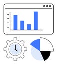 Data analytics interface with bar chart on window, gear clock, and pie chart for time management Royalty Free Stock Photo