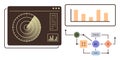 Data Analytics Interface with Radar Screen, Bar Chart, and AI-Driven Workflow Diagram Royalty Free Stock Photo