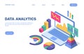 Data analytics landing page. 3d isometric business statistical analysis concept with pie chart, graph, diagram, laptop