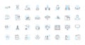 Data analytics linear icons set. Mining, Modeling, Visualization, Collection, Interpretation, Insight, Clustering line Royalty Free Stock Photo