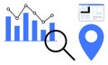 Data Analysis and Location Tracking Concept with Graphs, Magnifying Glass, and Map Pin Symbol Royalty Free Stock Photo