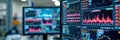 Data analytics in modern finance: monitors displaying graphs and charts in a tech office Royalty Free Stock Photo
