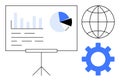 Data Analytics Presentation with Graphs, Pie Chart, Gear, and Globe Icon Royalty Free Stock Photo