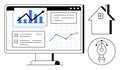 Data Analysis on Desktop Screen with Graphs, Real Estate Symbol, and Pen Tool Icon for Business and Design Concepts Royalty Free Stock Photo