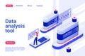 Data analytics tool isometric landing page template. Information management technology. 3d device with dashboard for