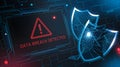 Data breach detected warning with digital security shield protection Royalty Free Stock Photo