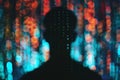 A data breach with unauthorized access a dark silhouette of a hacker against a backdrop of abstract digital cyberspace The