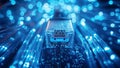 Data cable socket surrounded by illuminated optical internet connections. Modern data transferring, storage, cloud computing, and