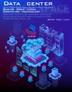 Data center and cloud computing isometric concept . Cloud data for storing and processing information. Process of work server proc