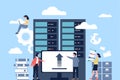 Data center cloud concept. Hardware servers, cyber storage engineers and programmers. Admin and managers work with