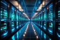 Data center corridor filled with rack servers, supercomputers, and internet visualization projection