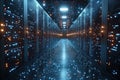 Data center corridor illuminated by blue and orange lights showcasing advanced technology and server racks Royalty Free Stock Photo