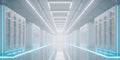 Data center corridor with illuminated server racks and modern lighting design in a high-tech facility Royalty Free Stock Photo
